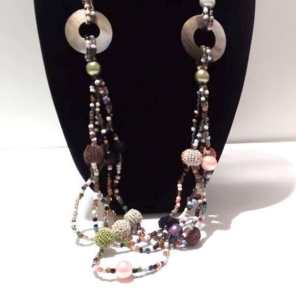 Boho Inspired Multi Color Seed Bead and Mother of Pearl Multi Strand Necklace - Picture 3 of 6